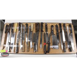 LARGE 15" X 35" BOARD W/ 26 ASST. KITCHEN KNIVES &