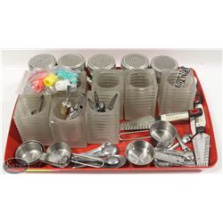 TRAY W/ ASSORTED SHAKERS, MEASURE CUPS, KITCHEN