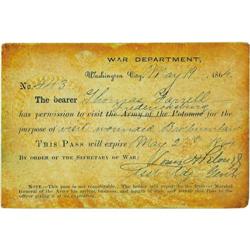 U.S. War Department Pass To Fredericksburg 
