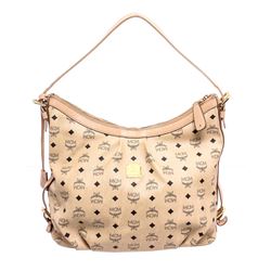 MCM Cream Coated Canvas Visetos Hobo Shoulder Bag