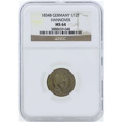 1834B Germany 1/12 Thaler Hanover Coin NGC MS64
