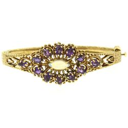 Vintage 14K Yellow Gold 3.75 ctw Amethyst & Opal Textured Open Bangle Bracelet