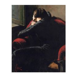 Fabian Perez, "Rojo Sillon" Hand Textured Limited Edition Giclee on Board. Hand Signed and Numbered 