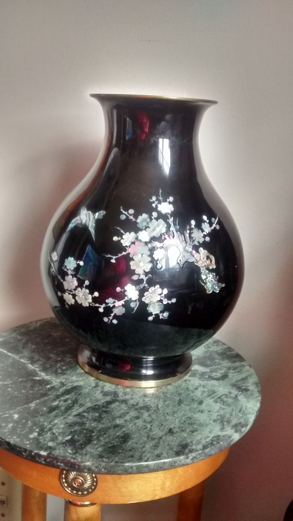 asian Vase Mother Of Pearl Black Lacquer Vase Mid Century Vase Korean