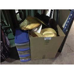 BOX OF ASSORTED STRAW HATS AND 3 DRAWER PLASTIC TOTE WITH CONTENTS