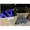 Image 1 : BOX OF JACKSTANDS, ASSORTED TOOLS, BOX OF ELECTRONICS AND SMALL TOOLBOX