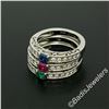 Image 5 : Set of 3 Stackable 18kt White Gold Emerald Ruby Sapphire and Diamond Band Rings