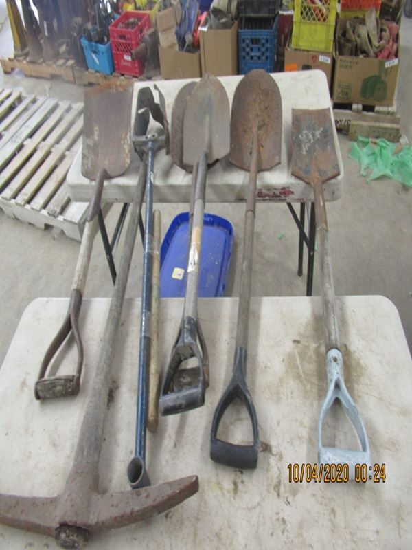 7 Items, Post Hole Digger, Spades, Shovels, & Picker