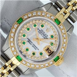 Rolex Ladies 2 Tone MOP Diamond & Emerald Datejust Wristwatch With Rolex Box