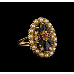 0.95 ctw Sapphire, Ruby, Pearl and Diamond Ring - 18KT Yellow Gold