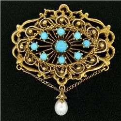 Vintage 14k Yellow Gold Round Turquoise & Pearl Open Work Brooch Pin Pendant