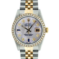 Rolex Mens 2 Tone Mother Of Pearl Diamond 36MM Datejust Wristwatch