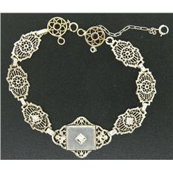 Antique Art Deco 14kt White Gold Camphor Glass and Damond Bracelet