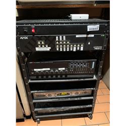 Rack with bar stereo and video components, amps , cable box, etc