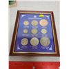 Image 1 : Set of 9 British Pre-Decimal Coins housed in a wooden frame. Includes farthing, half penny, penny, s