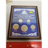 Image 1 : Set of 5 British Silver Coins housed in a wooden frame. Includes 3 pence, 6 pence, shilling, florin 