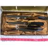 Image 2 : Beige Box With 5 Meat Carving Tools (Unused): 1 Gold Plated Trim Fork, 2 Goletti Ebony Serrated Stai