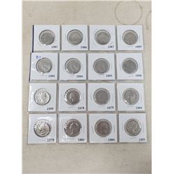 16 American 25 cent coins, various dates