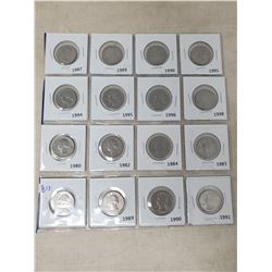 16 American 25 cent coins, various dates