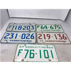 5 Sask License Plates 1964, 1972,1974,1975,1976