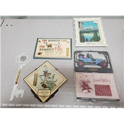 4 advertising thermometers & vintage fridge calendar