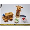 Image 1 : 4 items - 1 new, 1 old YoYo, 1 wooden bank, 1 plastic creamer