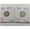 Image 1 : Newfoundland 1941 and 1945 Silver 5 Cent Coins