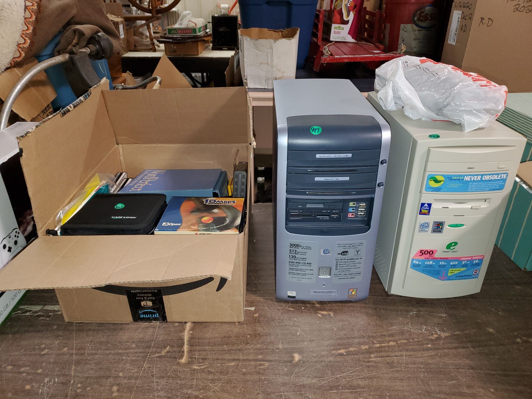 Retro Software Boxes TWO COMPUTER TOWERS & BOX OF RETRO SOFTWARE & HARDWARE