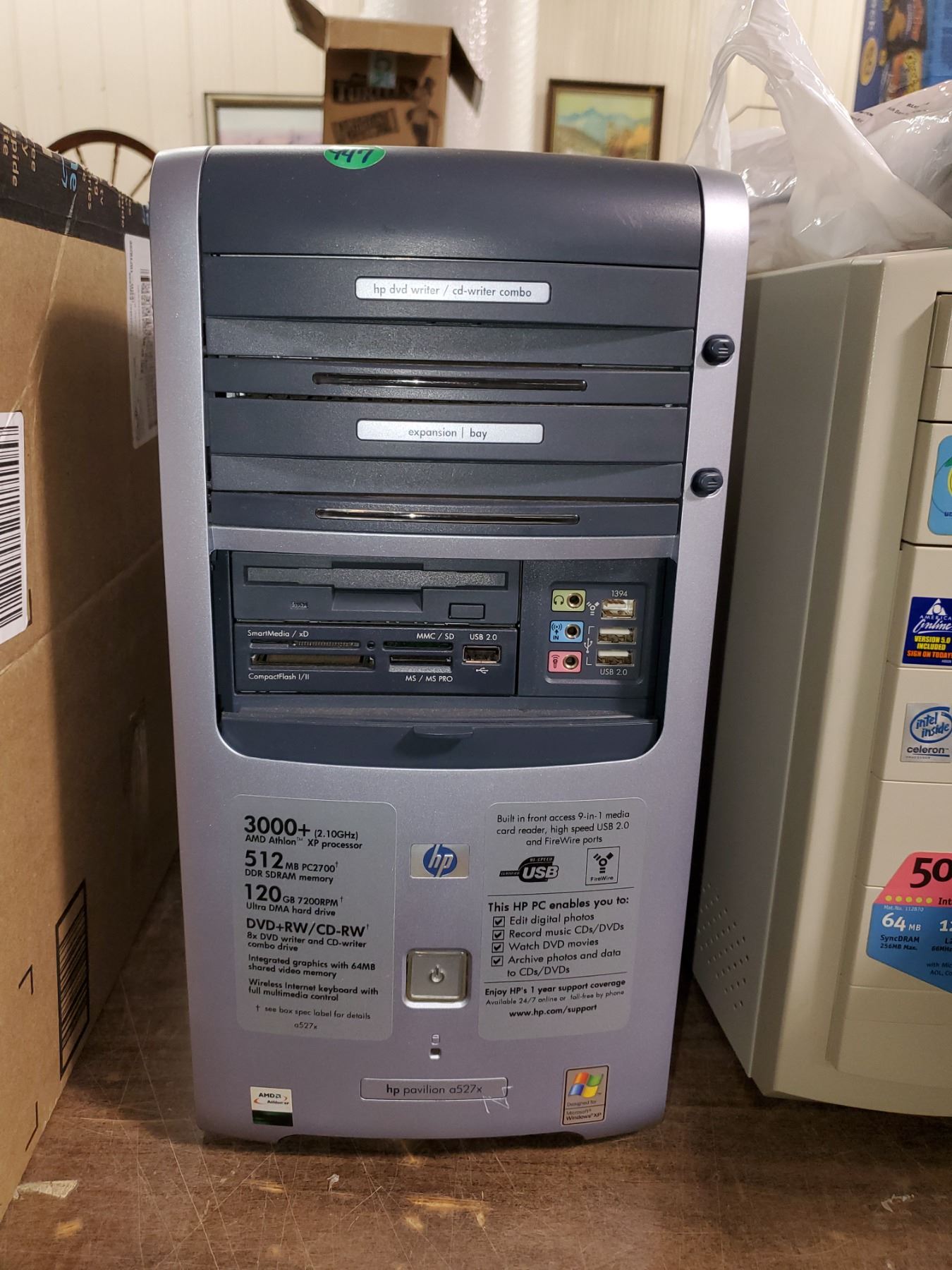 TWO COMPUTER TOWERS & BOX OF RETRO SOFTWARE & HARDWARE