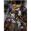 Image 1 : 2 TRAYS OF VINTAGE SPORTS ITEMS, RACKETS, BASEBALL BATS, SOFTBALLS