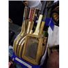 Image 3 : 2 TRAYS OF VINTAGE SPORTS ITEMS, RACKETS, BASEBALL BATS, SOFTBALLS