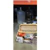 Image 1 : GLASS CARBOY, PLASTIC CARBOY AND TRAY OF VASES AND SERVING PIECES