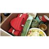 Image 3 : BOX OF KITCHEN ITEMS, WOOD HANDLED UTENSILS, CERAMICS