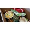 Image 5 : BOX OF KITCHEN ITEMS, WOOD HANDLED UTENSILS, CERAMICS