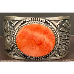 Orange Spiny Oyster Shell and Silver Overlay Cuff Bracelet by Freddy Charley, Navajo Artist