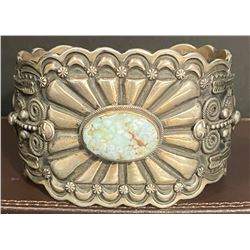 Number 8 Turquoise and Silver Repousse and Overlay Cuff Bracelet by Darrel Cadman, Navajo Artist