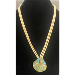 Angie Reano, Kewa Mosaic overlay on shell pendant with 3 strand Heishi Necklace