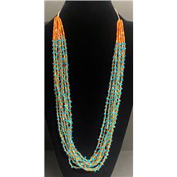 Traditional sinew strung Kewa 10 strand turquoise and orange spiny oyster heishi necklace
