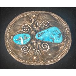 Nice Kingman and Silver Belt Buckle Navajo Style and Hallmarked TKE