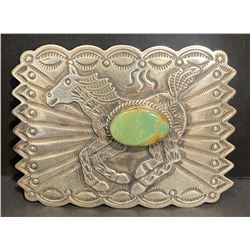 Albert & Jacqueline Cleveland, Navajo Artist Silver and Cerrillos Turquoise Belt Buckle Hallmark AJC