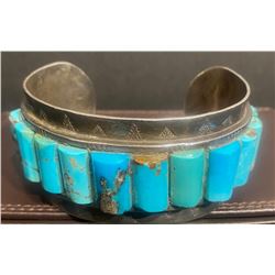 Turquoise Slab inlay Cuff Bracelet Hallmarked Silver Wolf GG or CC