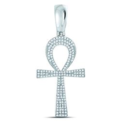 1/2 CTW Mens Round Diamond Ankh Cross Charm Pendant 10kt White Gold - REF-36F7W