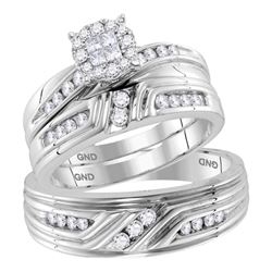 5/8 CTW His Hers Princess Diamond Cluster Matching Wedding Set 14kt White Gold - REF-112T4V