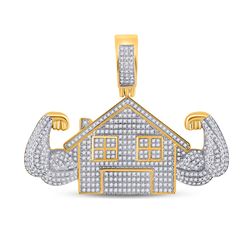 1 & 1/2 CTW Mens Round Diamond Flex Trap House Charm Pendant 10kt Yellow Gold - REF-129M5F