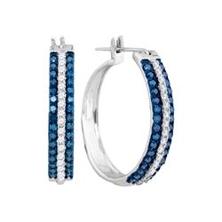 1 CTW Womens Round Blue Color Enhanced Diamond Hoop Earrings 10kt White Gold - REF-45N2A