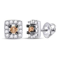 1/4 CTW Womens Round Brown Diamond Square Earrings 10kt White Gold - REF-13T5V