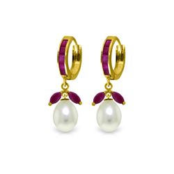 Genuine 10.30 ctw Ruby & Pearl Earrings 14KT Yellow Gold - REF-61R3P