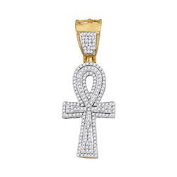 1/2 CTW Mens Round Diamond Ankh Cross Religious Charm Pendant 10kt Yellow Gold - REF-40F8W