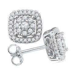 1/2 CTW Womens Round Diamond Framed Square Cluster Earrings 10kt White Gold - REF-36W7H