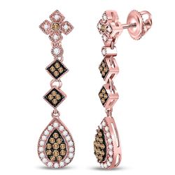 5/8 CTW Womens Round Brown Diamond Dangle Earrings 14kt Rose Gold - REF-74W9H